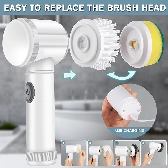 5-in-1 Multifunctional Electric Cleaning Brush – 360° Rotating Wireless Scrubber for Kitchen, Bathroom & Home