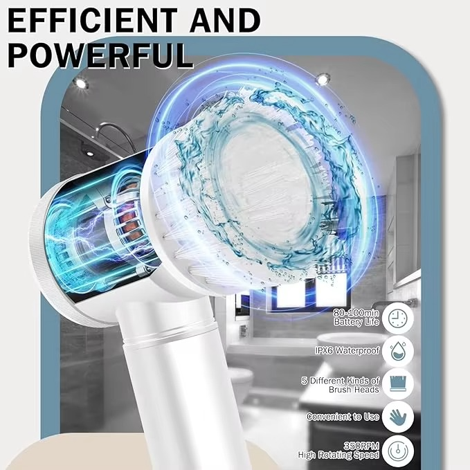 5-in-1 Multifunctional Electric Cleaning Brush – 360° Rotating Wireless Scrubber for Kitchen, Bathroom & Home