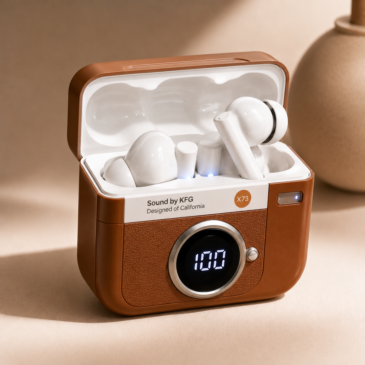 X73 Retro Camera Style Wireless Earbuds – Bluetooth 5.4 TWS Earphones with LED Battery Display | HD Sound | Gaming Mode | Android & iPhone Compatible