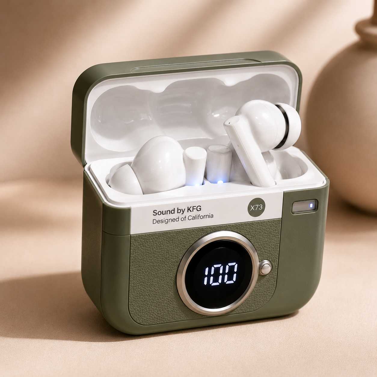X73 Retro Camera Style Wireless Earbuds – Bluetooth 5.4 TWS Earphones with LED Battery Display | HD Sound | Gaming Mode | Android & iPhone Compatible