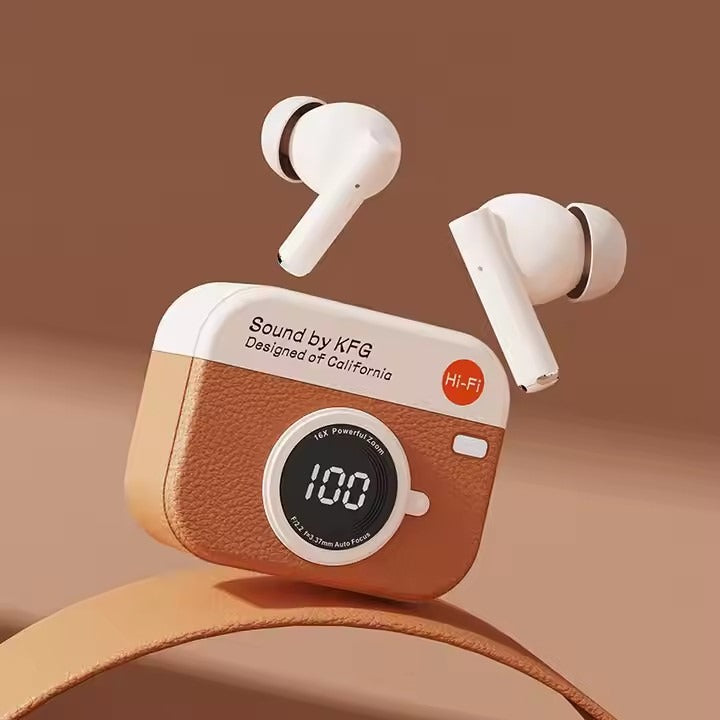 X73 Retro Camera Style Wireless Earbuds – Bluetooth 5.4 TWS Earphones with LED Battery Display | HD Sound | Gaming Mode | Android & iPhone Compatible