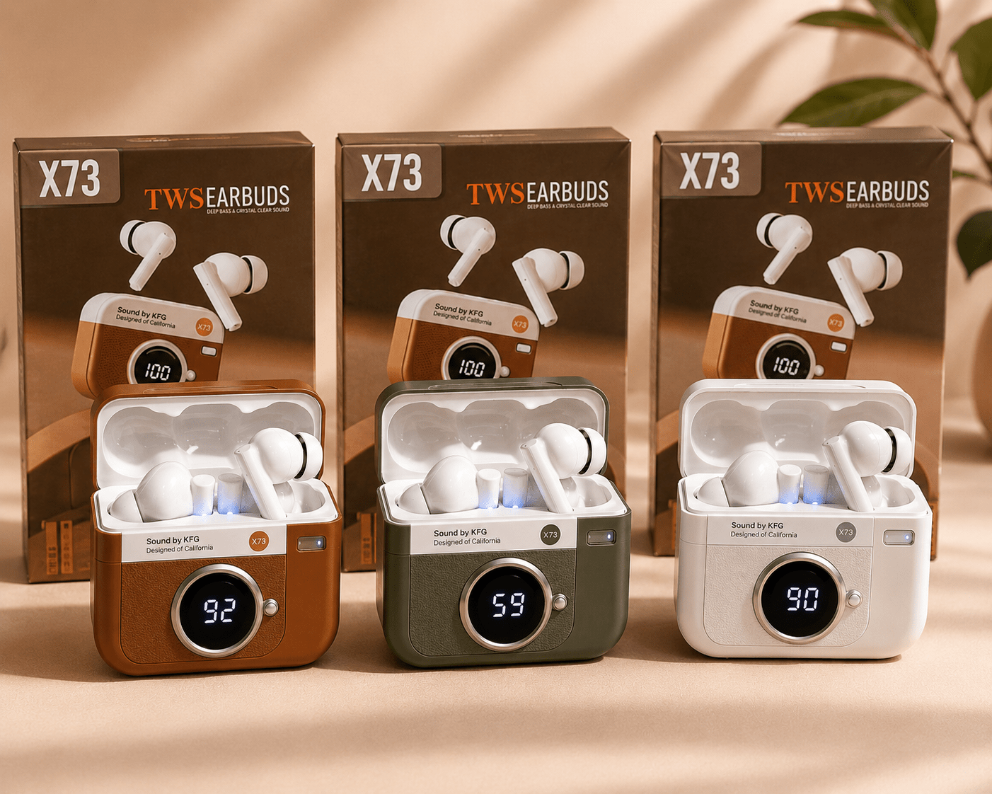 X73 Retro Camera Style Wireless Earbuds – Bluetooth 5.4 TWS Earphones with LED Battery Display | HD Sound | Gaming Mode | Android & iPhone Compatible | Buy Online in Pakistan | Baba Shopy