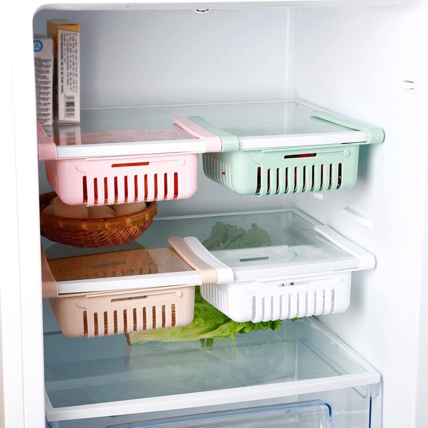 4 pieces Set of Adjustable Fridge Storage Basket – Expandable Refrigerator Organizer Drawer | Space Saving Hanging Food Rack