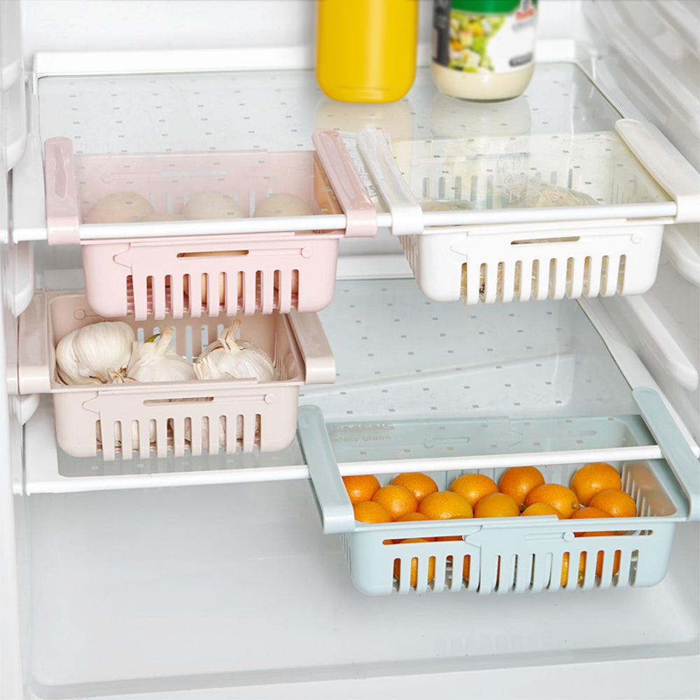 4 pieces Set of Adjustable Fridge Storage Basket – Expandable Refrigerator Organizer Drawer | Space Saving Hanging Food Rack