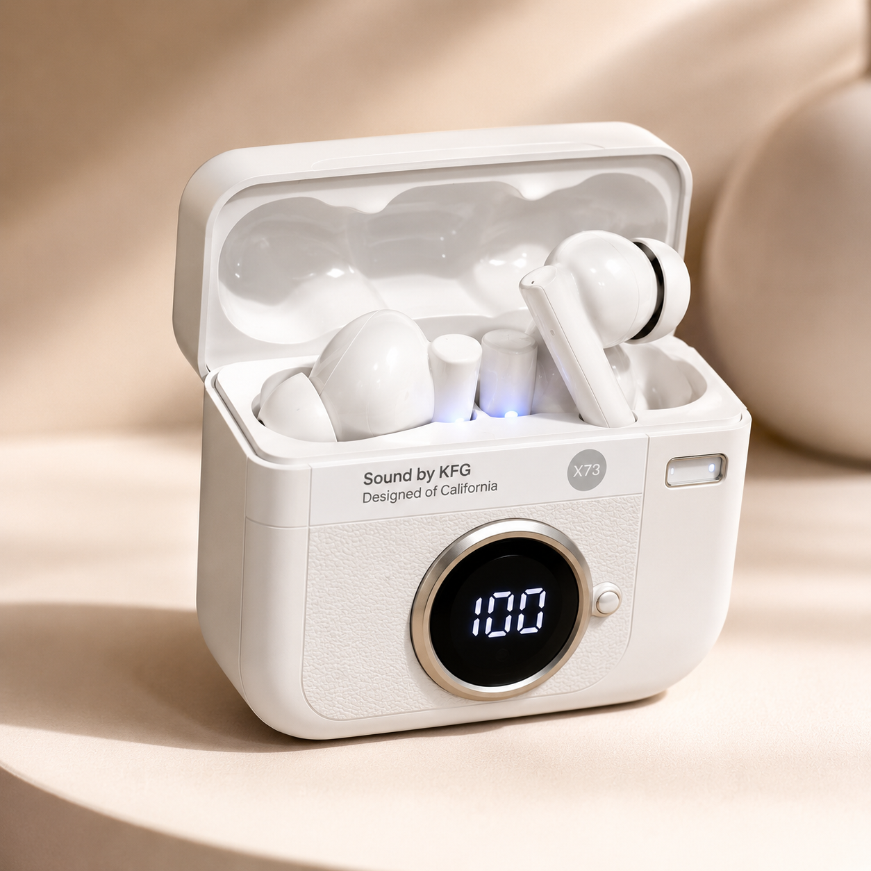 X73 Retro Camera Style Wireless Earbuds – Bluetooth 5.4 TWS Earphones with LED Battery Display | HD Sound | Gaming Mode | Android & iPhone Compatible