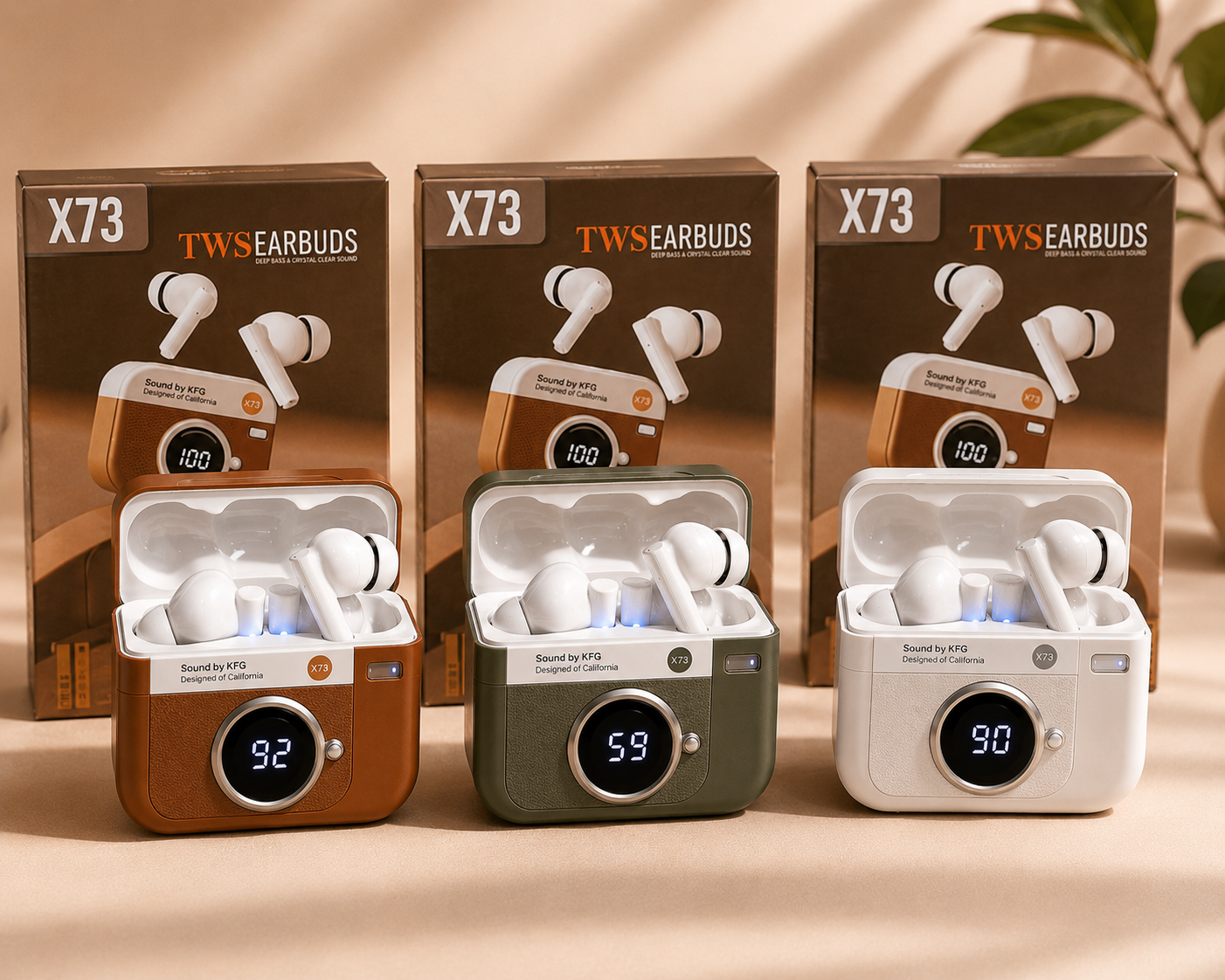 X73 Retro Camera Style Wireless Earbuds – Bluetooth 5.4 TWS Earphones with LED Battery Display | HD Sound | Gaming Mode | Android & iPhone Compatible