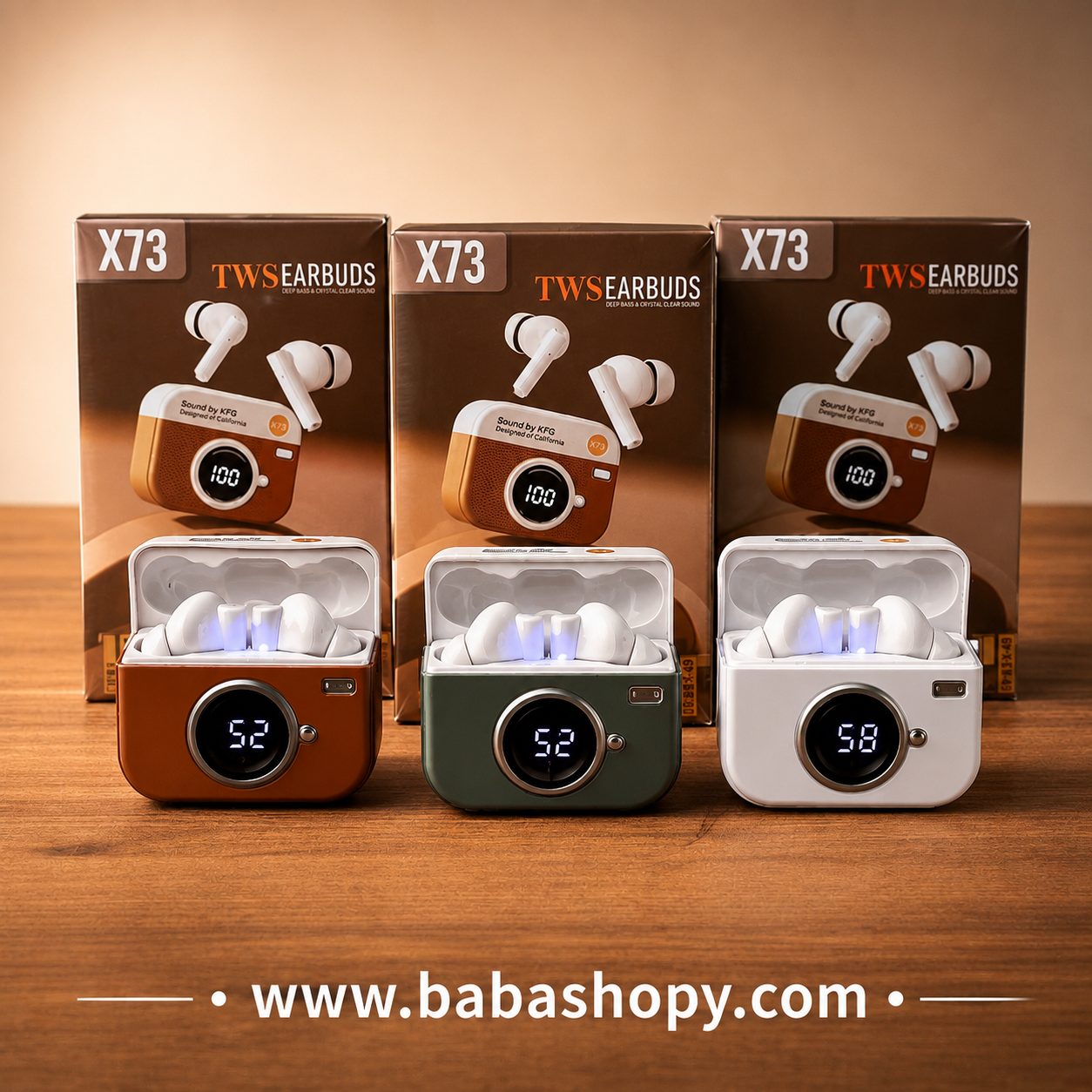 X73 Retro Camera Style Wireless Earbuds – Bluetooth 5.4 TWS Earphones with LED Battery Display | HD Sound | Gaming Mode | Android & iPhone Compatible