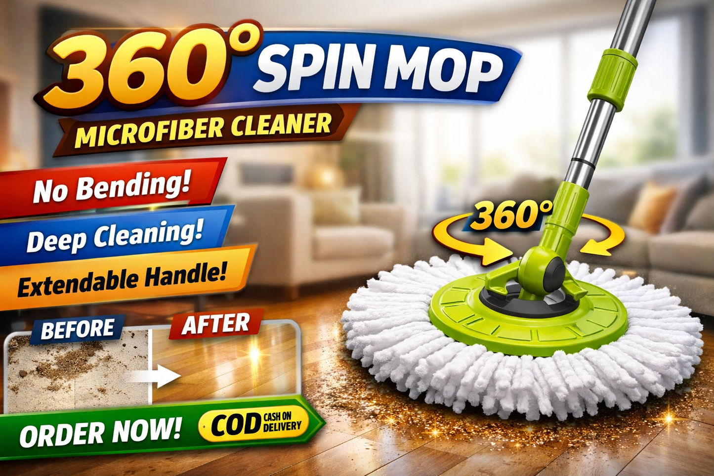 360° Spin Mop Microfiber Floor Cleaner – Extendable Handle HHC